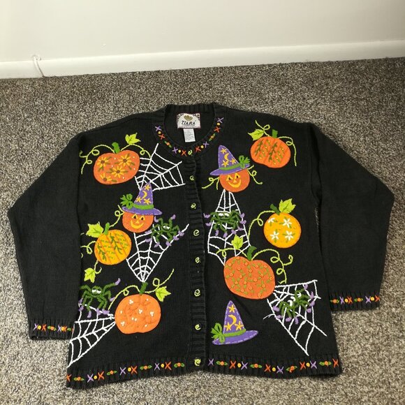 Vintage 2001 Tiara Sweater Halloween Cardigan Pumpkin Witches Womens Large - Picture 1 of 10